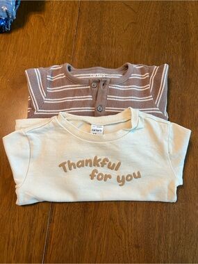 Carter's ‘Thankful for you' Sweatshirt and Brown Striped Henley One Piece Bundle